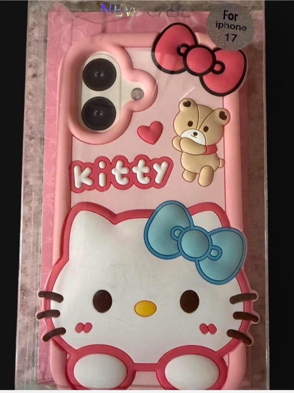 Pink Kitty Cartoon Silicone Phone Case for iPhone 17 with Blue Bow Accent